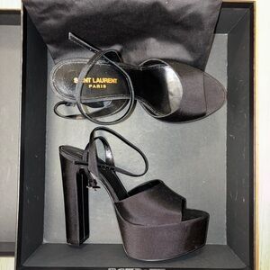 Saint Laurent Black Satin Platform Ankle-Strap Heels